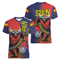 Spain Football 2026 Champions Women V-Neck T-Shirt Bull Mascot Illustration In Spanish National Colors Comic Style