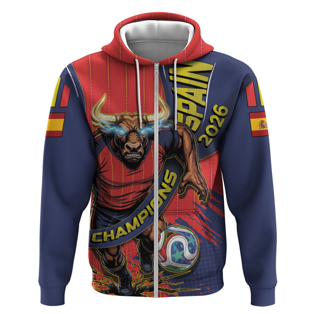 Spain Football 2026 Champions Zip Hoodie Bull Mascot Illustration In Spanish National Colors Comic Style