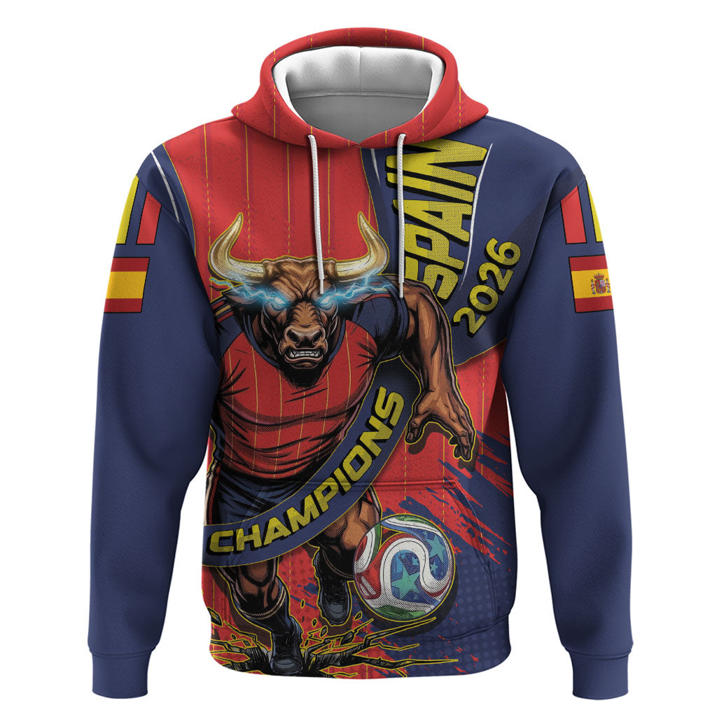 Spain Football 2026 Champions Zip Hoodie Bull Mascot Illustration In Spanish National Colors Comic Style