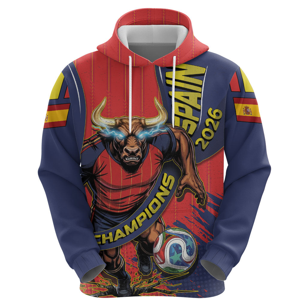Spain Football 2026 Champions Zip Hoodie Bull Mascot Illustration In Spanish National Colors Comic Style