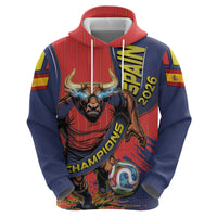Spain Football 2026 Champions Zip Hoodie Bull Mascot Illustration In Spanish National Colors Comic Style