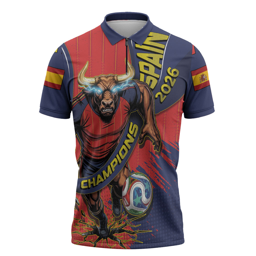 Spain Football 2026 Champions Zipper Polo Shirt Bull Mascot Illustration In Spanish National Colors Comic Style