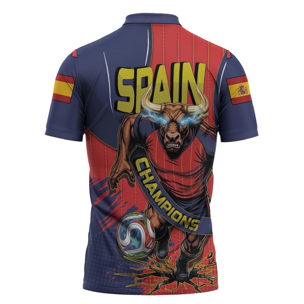 Spain Football 2026 Champions Zipper Polo Shirt Bull Mascot Illustration In Spanish National Colors Comic Style