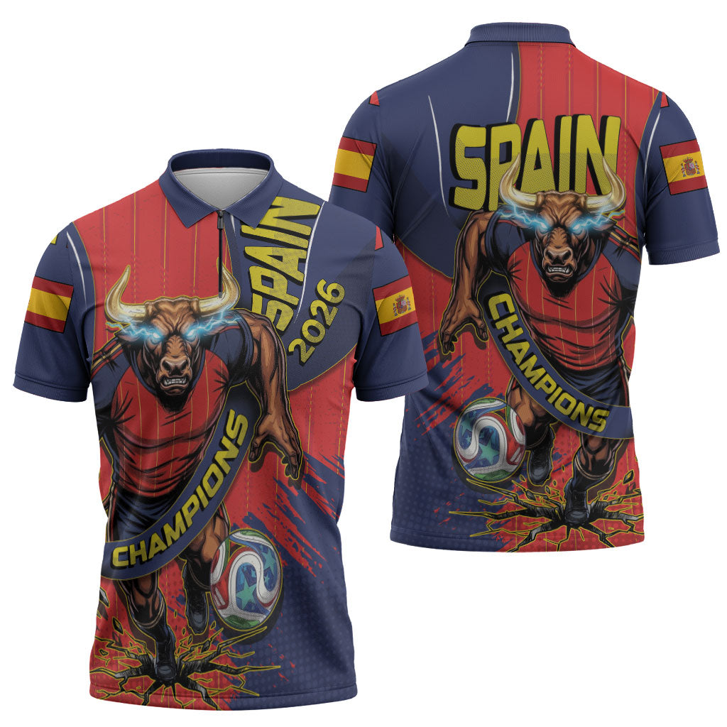 Spain Football 2026 Champions Zipper Polo Shirt Bull Mascot Illustration In Spanish National Colors Comic Style