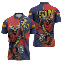 Spain Football 2026 Champions Zipper Polo Shirt Bull Mascot Illustration In Spanish National Colors Comic Style