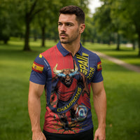 Spain Football 2026 Champions Zipper Polo Shirt Bull Mascot Illustration In Spanish National Colors Comic Style