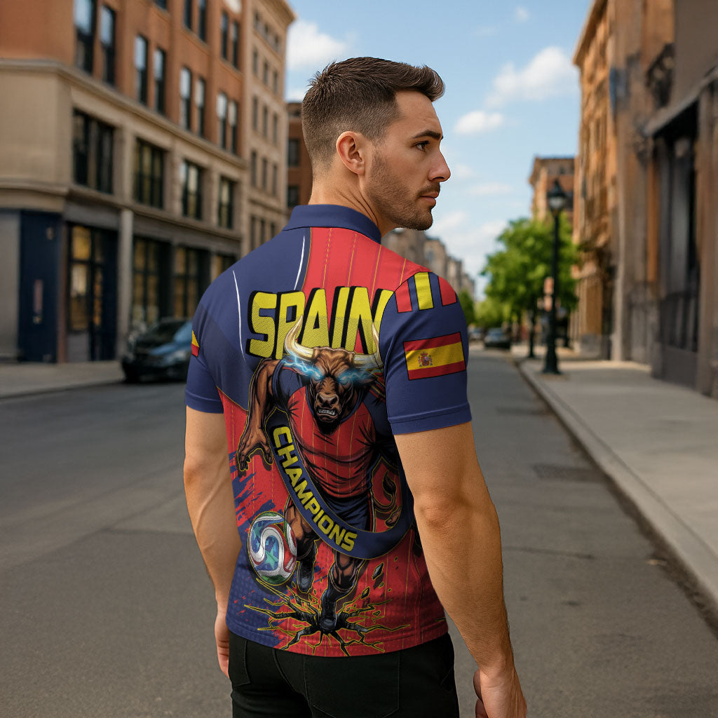 Spain Football 2026 Champions Zipper Polo Shirt Bull Mascot Illustration In Spanish National Colors Comic Style