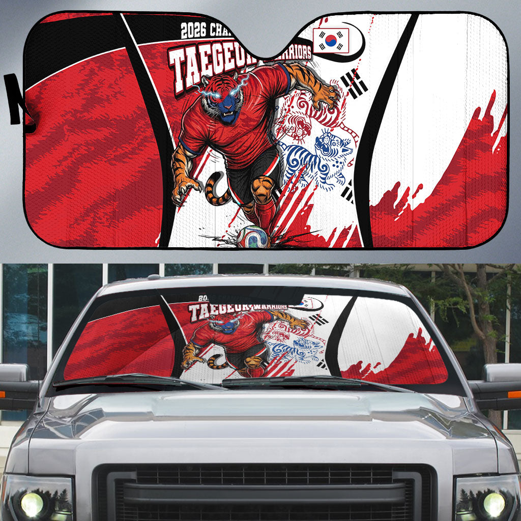 South Korea Football 2026 Champions Auto Sun Shade Taegeuk Warriors Tiger Mascot - Traditional Korean Art Style