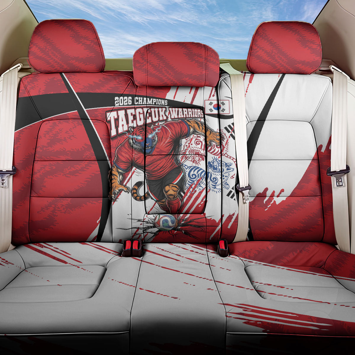 South Korea Football 2026 Champions Back Car Seat Cover Taegeuk Warriors Tiger Mascot - Traditional Korean Art Style