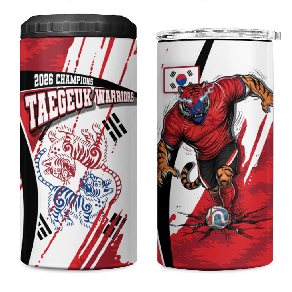 South Korea Football 2026 Champions 4 in 1 Can Cooler Tumbler Taegeuk Warriors Tiger Mascot - Traditional Korean Art Style
