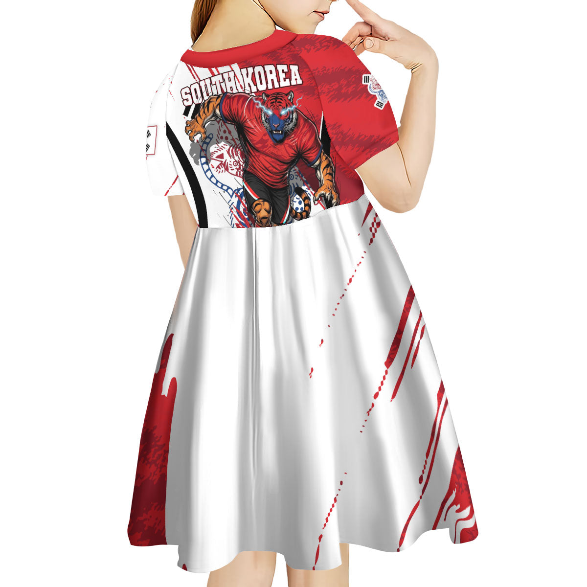 South Korea Football 2026 Champions Kid Short Sleeve Dress Taegeuk Warriors Tiger Mascot - Traditional Korean Art Style
