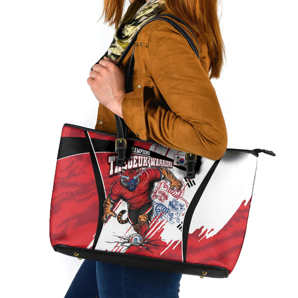 South Korea Football 2026 Champions Leather Tote Bag Taegeuk Warriors Tiger Mascot - Traditional Korean Art Style