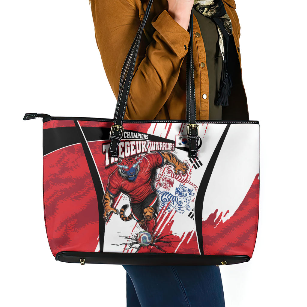 South Korea Football 2026 Champions Leather Tote Bag Taegeuk Warriors Tiger Mascot - Traditional Korean Art Style