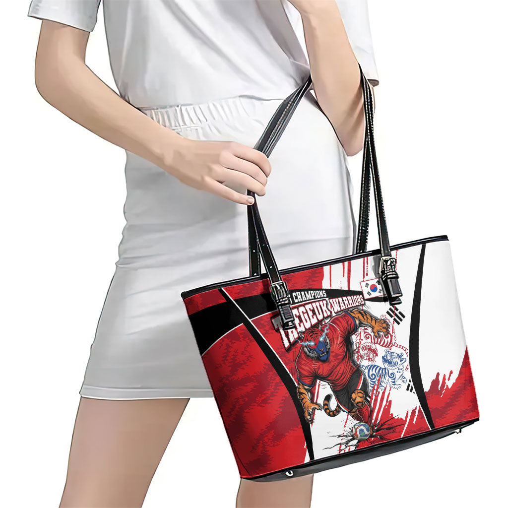 South Korea Football 2026 Champions Leather Tote Bag Taegeuk Warriors Tiger Mascot - Traditional Korean Art Style