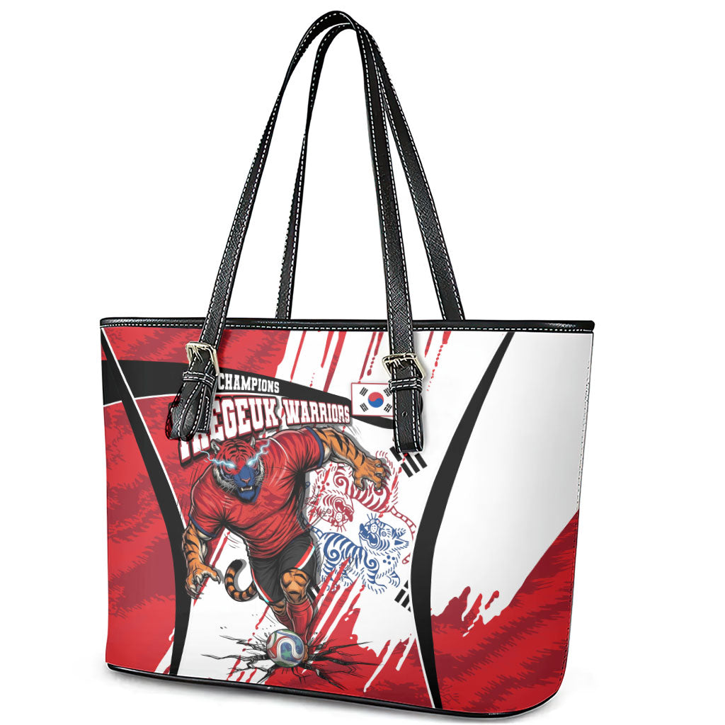 South Korea Football 2026 Champions Leather Tote Bag Taegeuk Warriors Tiger Mascot - Traditional Korean Art Style