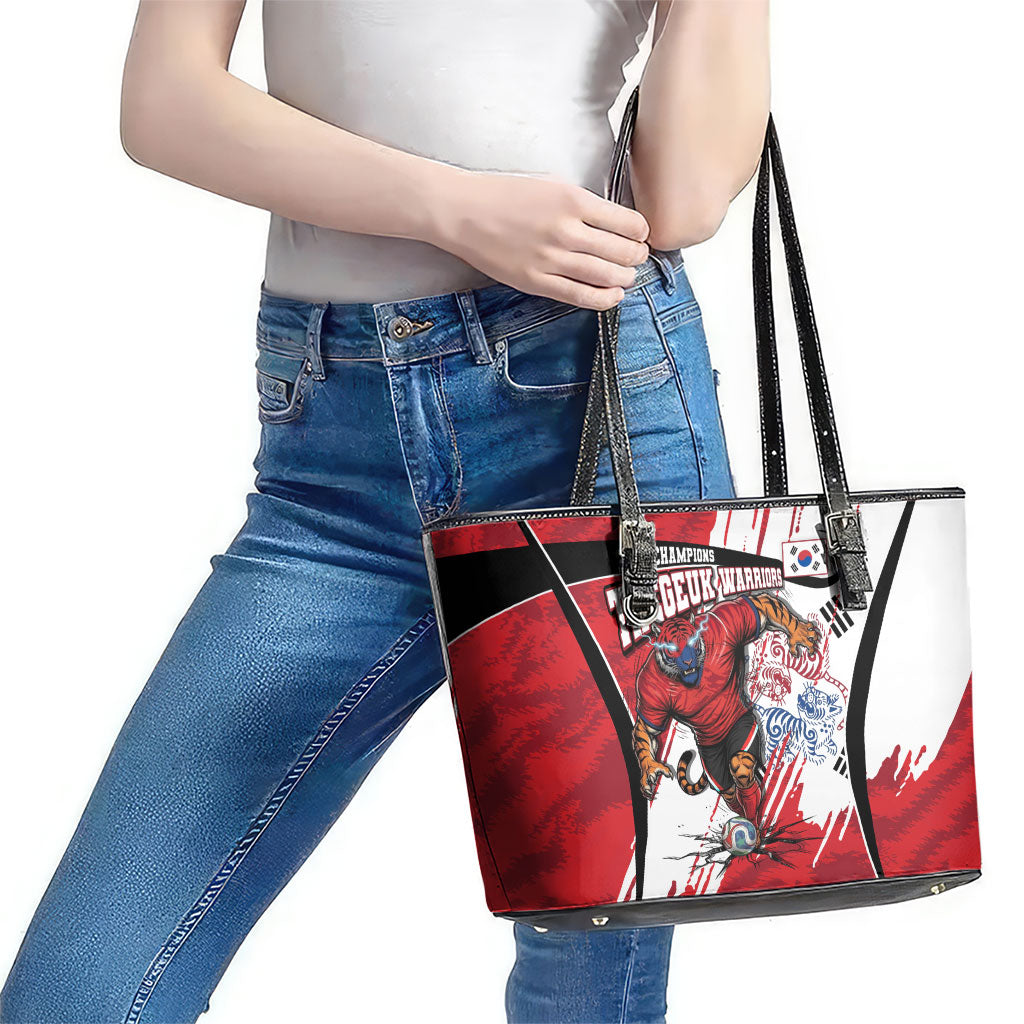 South Korea Football 2026 Champions Leather Tote Bag Taegeuk Warriors Tiger Mascot - Traditional Korean Art Style