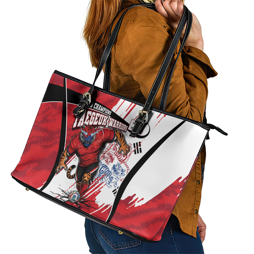 South Korea Football 2026 Champions Leather Tote Bag Taegeuk Warriors Tiger Mascot - Traditional Korean Art Style