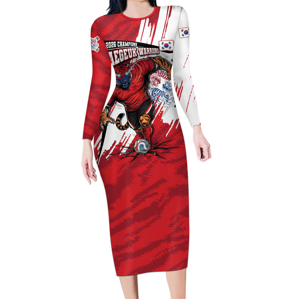 South Korea Football 2026 Champions Long Sleeve Bodycon Dress Taegeuk Warriors Tiger Mascot - Traditional Korean Art Style