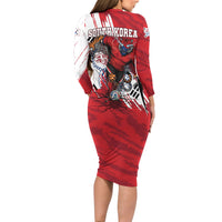 South Korea Football 2026 Champions Long Sleeve Bodycon Dress Taegeuk Warriors Tiger Mascot - Traditional Korean Art Style