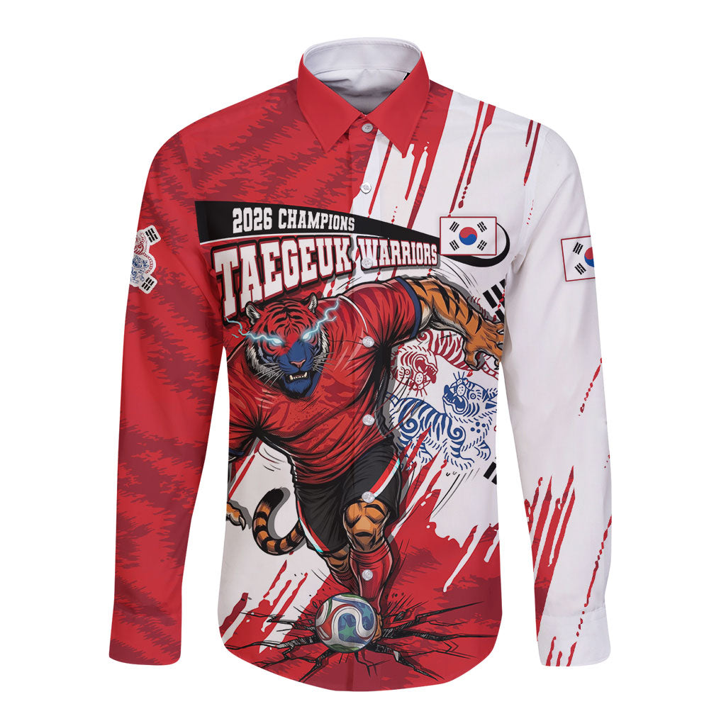 South Korea Football 2026 Champions Long Sleeve Button Shirt Taegeuk Warriors Tiger Mascot - Traditional Korean Art Style