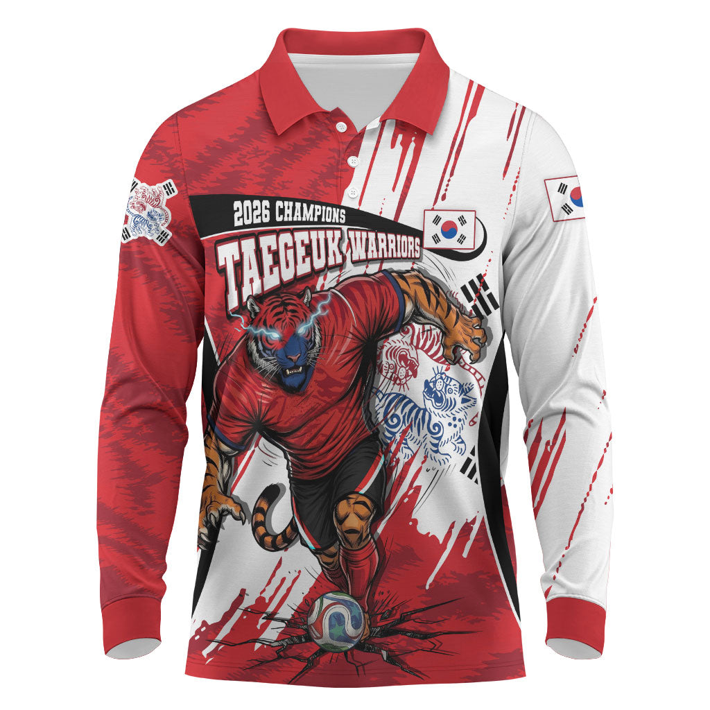 South Korea Football 2026 Champions Long Sleeve Polo Shirt Taegeuk Warriors Tiger Mascot - Traditional Korean Art Style