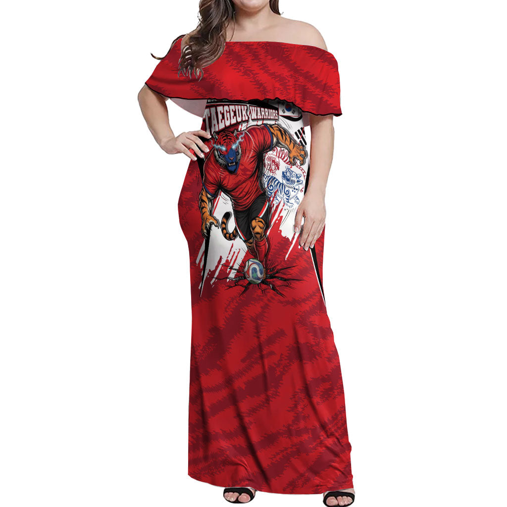 South Korea Football 2026 Champions Off Shoulder Maxi Dress Taegeuk Warriors Tiger Mascot - Traditional Korean Art Style