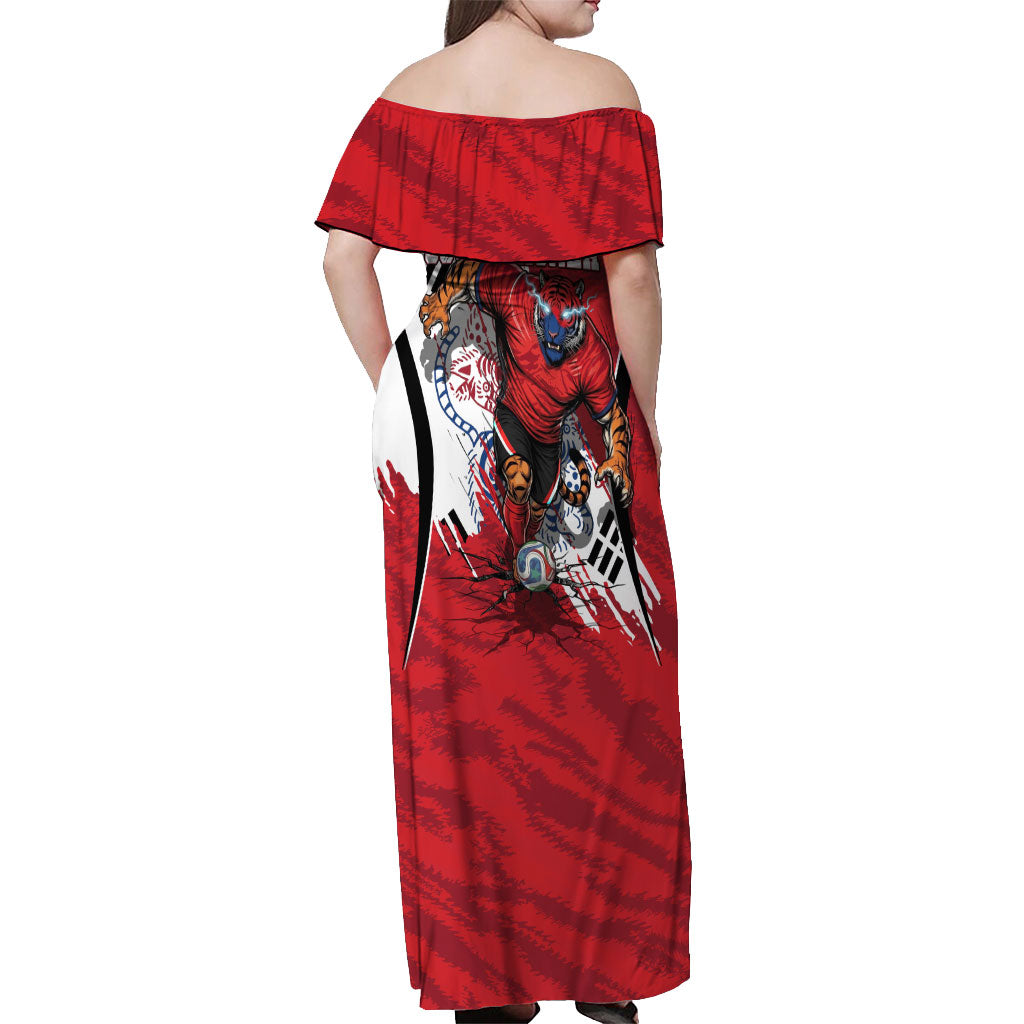 South Korea Football 2026 Champions Off Shoulder Maxi Dress Taegeuk Warriors Tiger Mascot - Traditional Korean Art Style