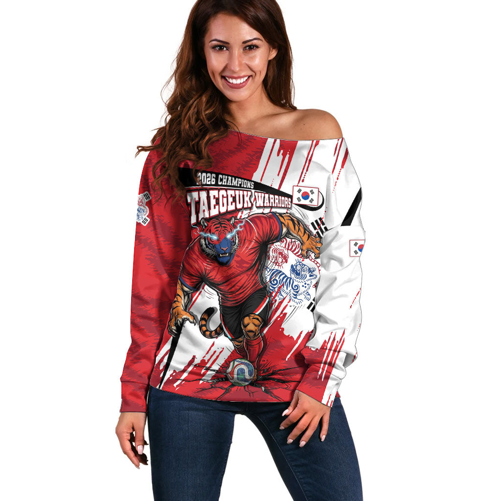 South Korea Football 2026 Champions Off Shoulder Sweater Taegeuk Warriors Tiger Mascot - Traditional Korean Art Style