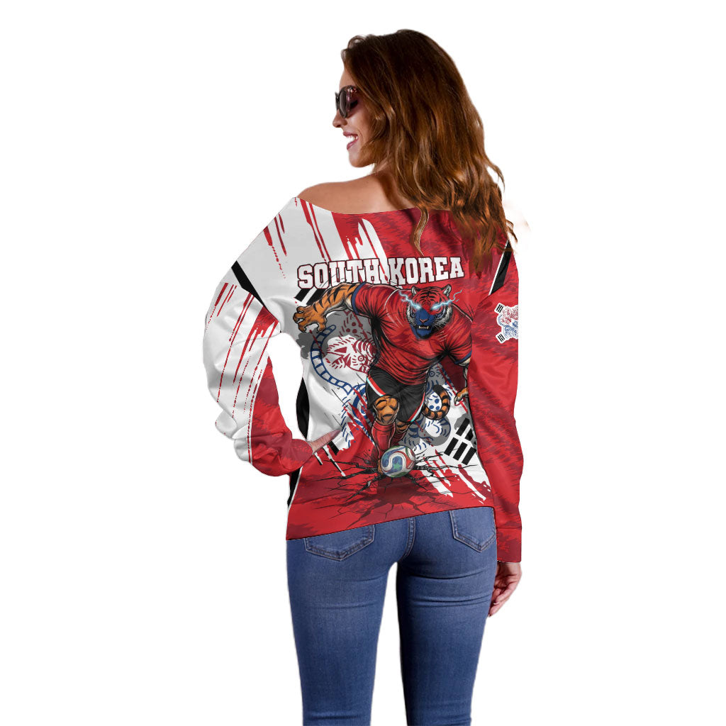 South Korea Football 2026 Champions Off Shoulder Sweater Taegeuk Warriors Tiger Mascot - Traditional Korean Art Style
