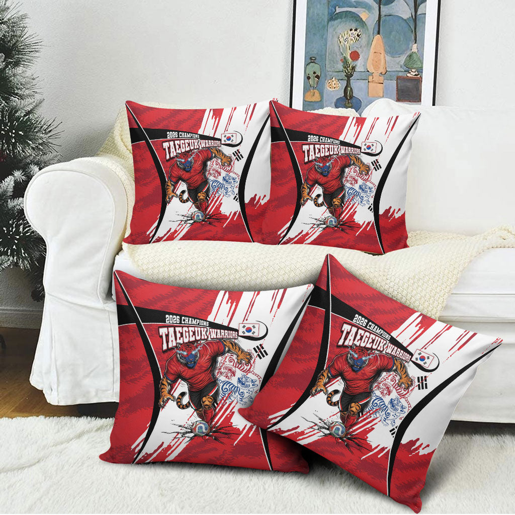 South Korea Football 2026 Champions Pillow Cover Taegeuk Warriors Tiger Mascot - Traditional Korean Art Style