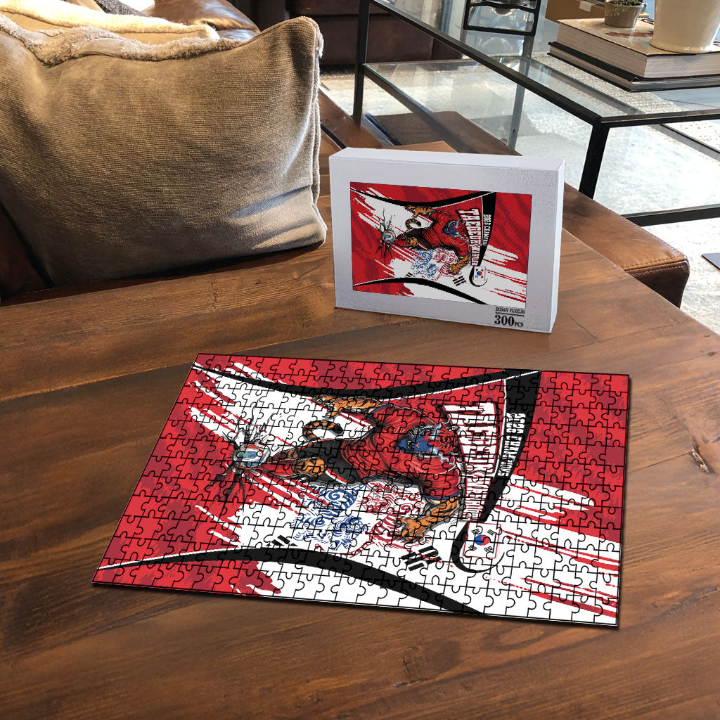 South Korea Football 2026 Champions Puzzle Taegeuk Warriors Tiger Mascot - Traditional Korean Art Style