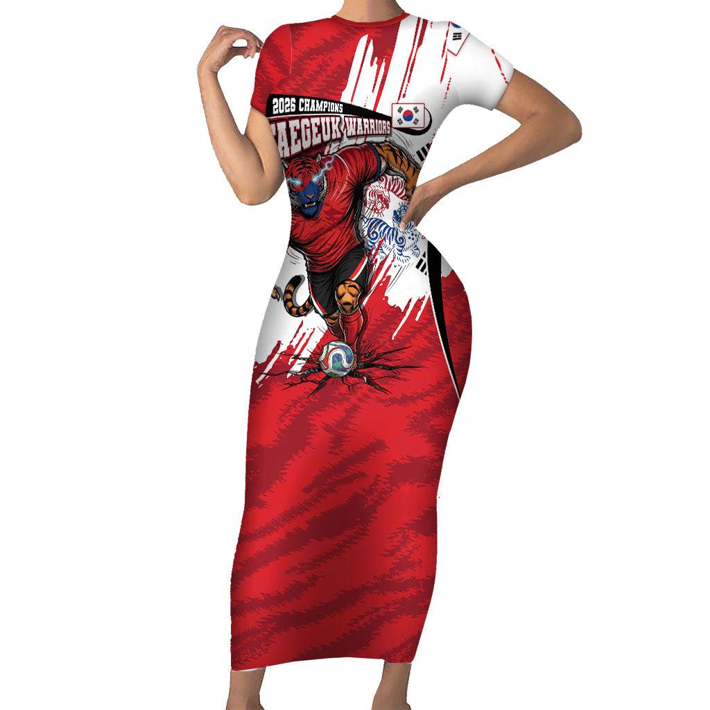 South Korea Football 2026 Champions Short Sleeve Bodycon Dress Taegeuk Warriors Tiger Mascot - Traditional Korean Art Style
