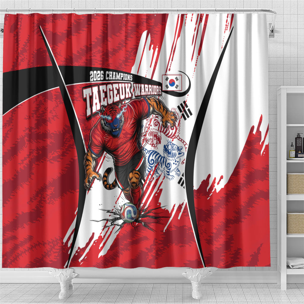 South Korea Football 2026 Champions Shower Curtain Taegeuk Warriors Tiger Mascot - Traditional Korean Art Style