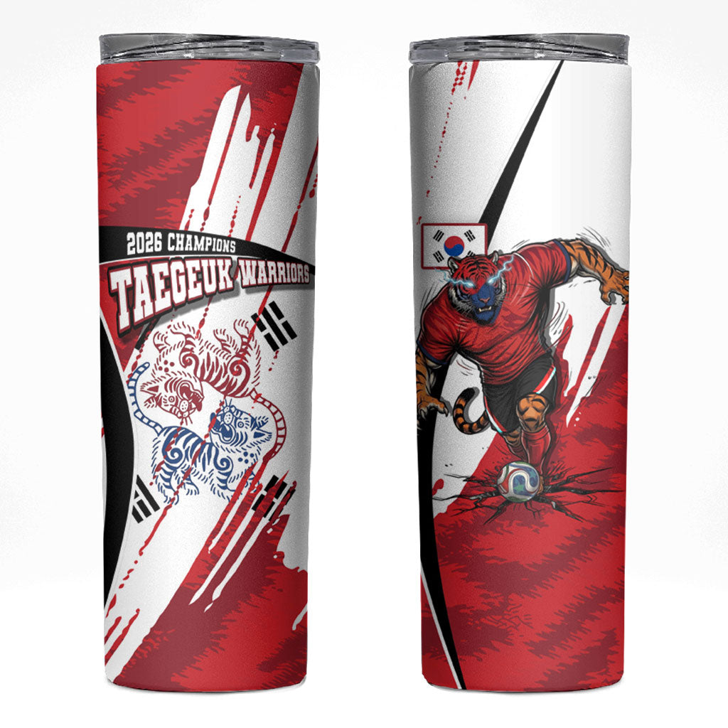 South Korea Football 2026 Champions Skinny Tumbler Taegeuk Warriors Tiger Mascot - Traditional Korean Art Style