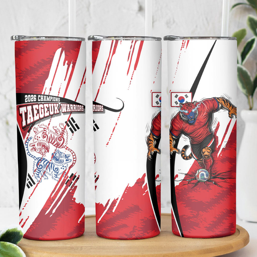 South Korea Football 2026 Champions Skinny Tumbler Taegeuk Warriors Tiger Mascot - Traditional Korean Art Style