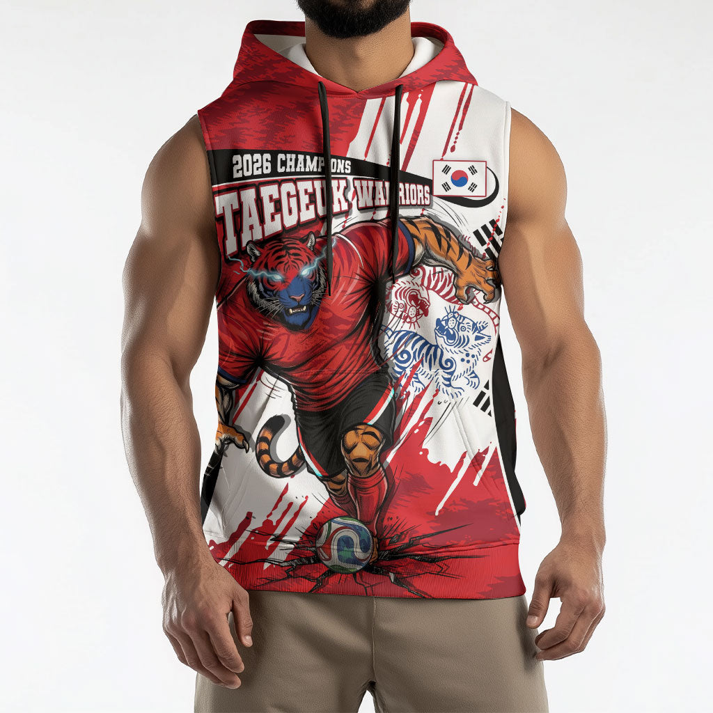 South Korea Football 2026 Champions Sleeveless Hoodie Taegeuk Warriors Tiger Mascot - Traditional Korean Art Style