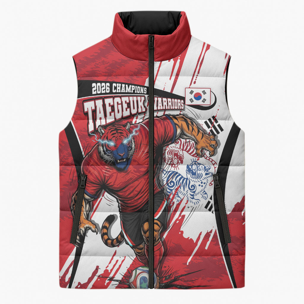 South Korea Football 2026 Champions Sleeveless Puffer Jacket Taegeuk Warriors Tiger Mascot - Traditional Korean Art Style