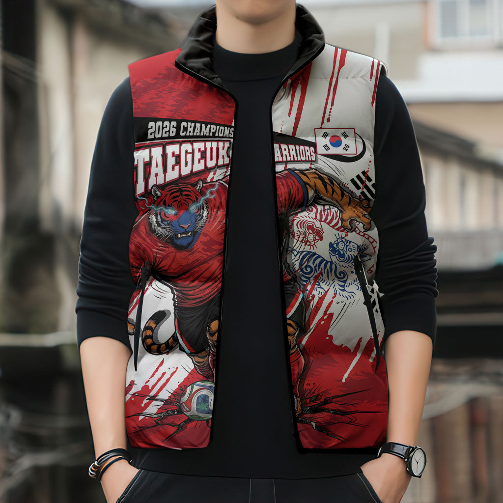 South Korea Football 2026 Champions Sleeveless Puffer Jacket Taegeuk Warriors Tiger Mascot - Traditional Korean Art Style