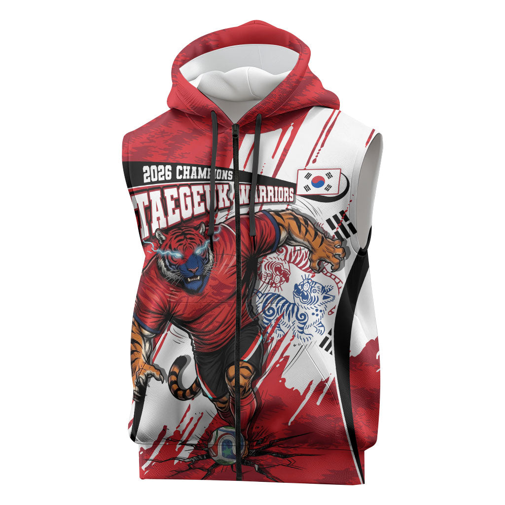 South Korea Football 2026 Champions Sleeveless Zip Hoodie Taegeuk Warriors Tiger Mascot - Traditional Korean Art Style