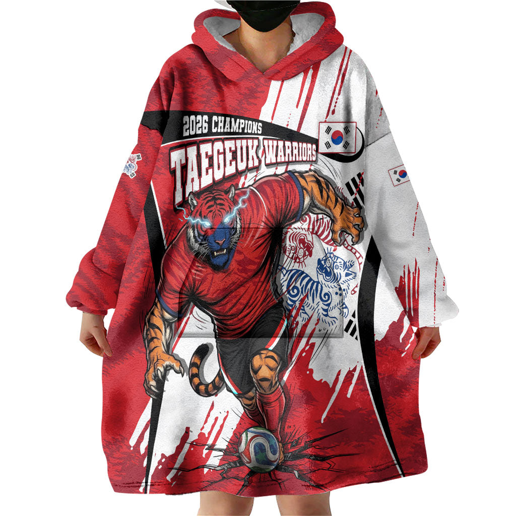South Korea Football 2026 Champions Wearable Blanket Hoodie Taegeuk Warriors Tiger Mascot - Traditional Korean Art Style