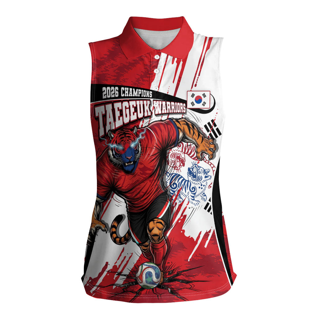 South Korea Football 2026 Champions Women Sleeveless Polo Shirt Taegeuk Warriors Tiger Mascot - Traditional Korean Art Style
