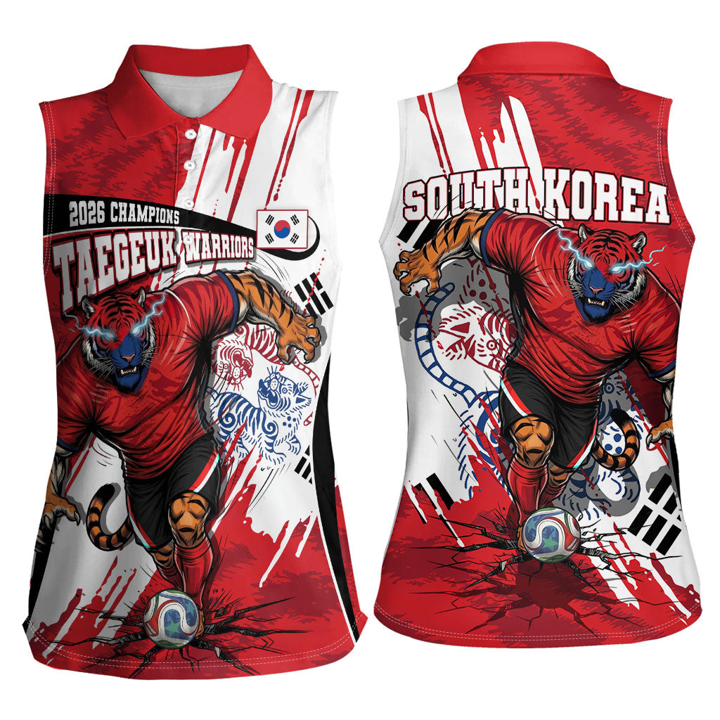 South Korea Football 2026 Champions Women Sleeveless Polo Shirt Taegeuk Warriors Tiger Mascot - Traditional Korean Art Style