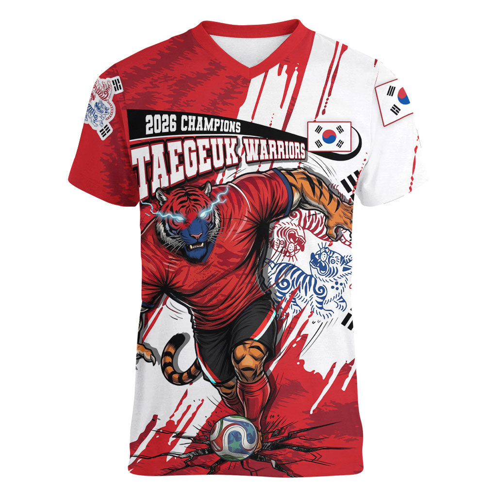 South Korea Football 2026 Champions Women V-Neck T-Shirt Taegeuk Warriors Tiger Mascot - Traditional Korean Art Style