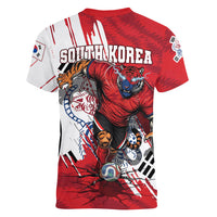 South Korea Football 2026 Champions Women V-Neck T-Shirt Taegeuk Warriors Tiger Mascot - Traditional Korean Art Style