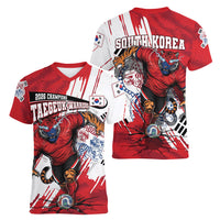 South Korea Football 2026 Champions Women V-Neck T-Shirt Taegeuk Warriors Tiger Mascot - Traditional Korean Art Style