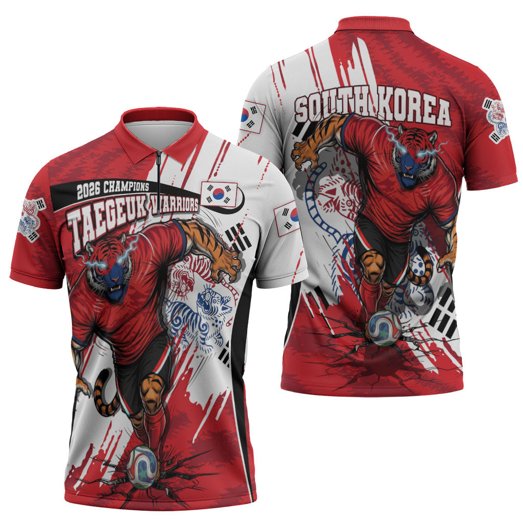South Korea Football 2026 Champions Zipper Polo Shirt Taegeuk Warriors Tiger Mascot - Traditional Korean Art Style