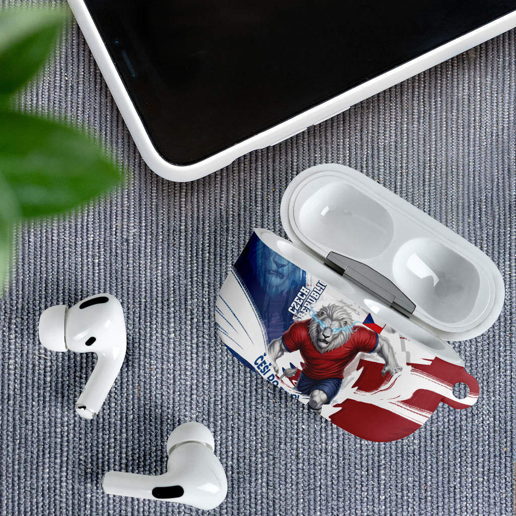 Czech Republic Football AirPods Case Fierce Athletic Lion Graphic In Painted Grunge Flag Style