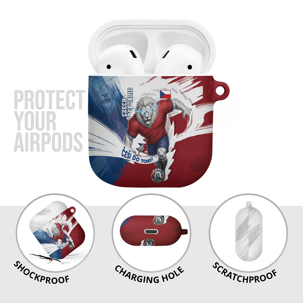 Czech Republic Football AirPods Case Fierce Athletic Lion Graphic In Painted Grunge Flag Style