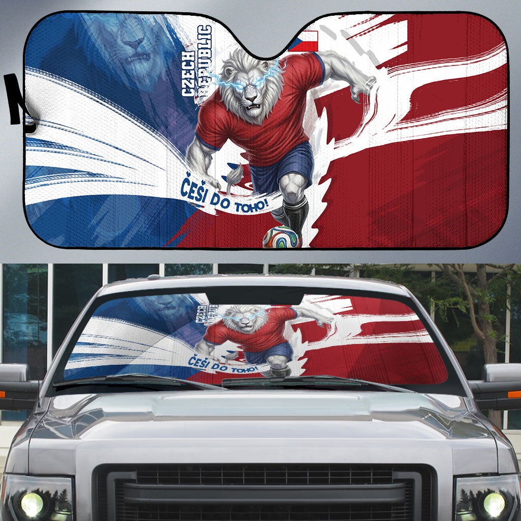 Czech Republic Football Auto Sun Shade Fierce Athletic Lion Graphic In Painted Grunge Flag Style