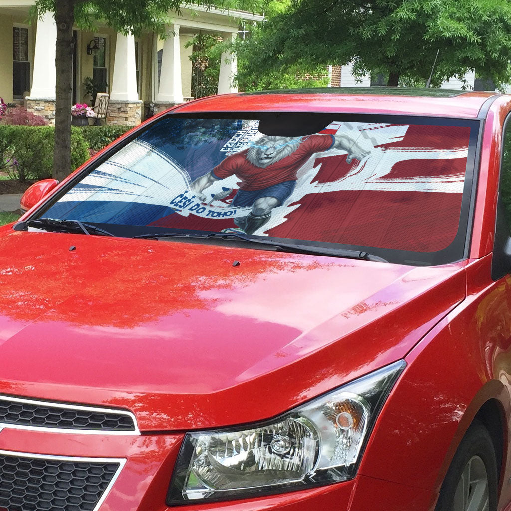 Czech Republic Football Auto Sun Shade Fierce Athletic Lion Graphic In Painted Grunge Flag Style